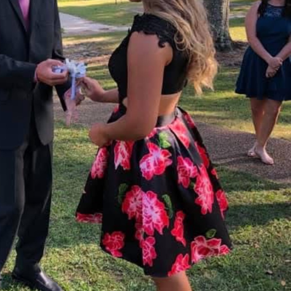 Splash One Piece Side Cutout Black Pink Floral Hoco Dress 8